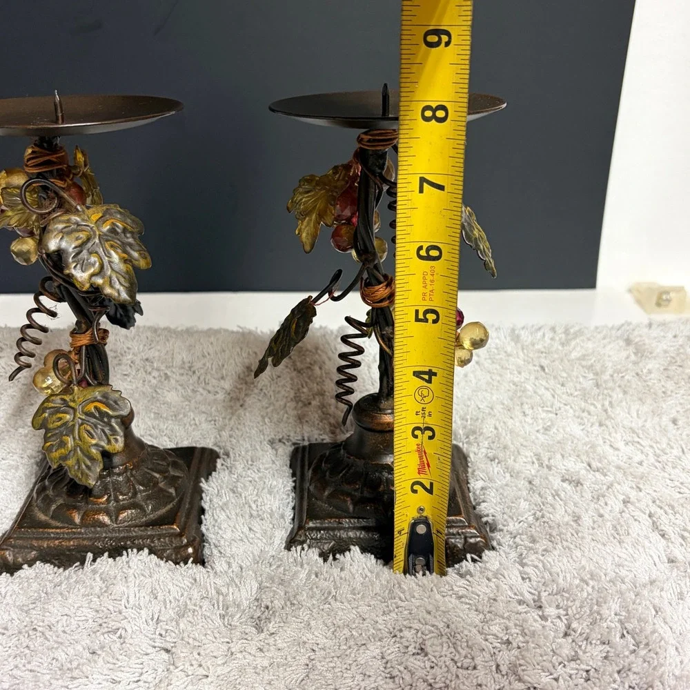 Vtg Tuscan Style Metal Grapevine Pillar‎ Candle Holders Set of 2 Bronze Finish